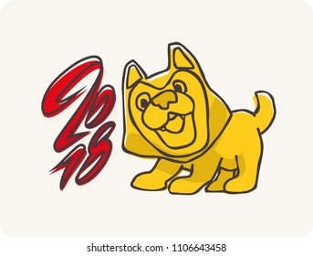 2018 Chinese New Year of the dog. A sketch of a yellow puppy. Greeting Card Design with cute yellow Husky dog.