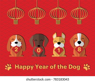 2018 Chinese New Year greeting card, banner with cute funny cartoon dogs holding cards with numbers, lanterns, paw prints, typography. Isolated objects. Vector illustration. Festive design elements.