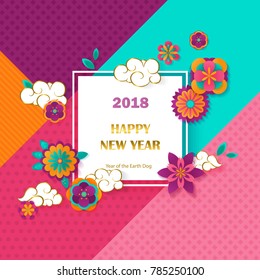 2018 Chinese New Year Greeting Card with Square Frame, Paper cut Flowers and Asian Clouds on Modern Geometric Background . Vector illustration. Place for your Text.