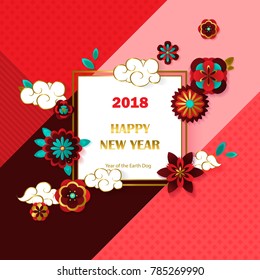 2018 Chinese New Year Greeting Card with Square Frame, Paper cut Flowers and Asian Clouds on Modern Geometric Background . Vector illustration. Place for your Text.