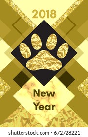 2018 chinese new year of yellow dog concept with golden vector paw track, glitter, geometric shapes and triangles, marble background, template for calendar, poster, banner, greeting card