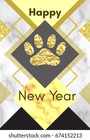 2018 chinese new year of yellow dog concept with golden vector paw track, glitter, geometric shapes and triangles, marble background, template for calendar, poster, banner, greeting card
