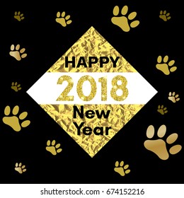 2018 chinese new year of yellow dog concept with golden vector paw track, glitter, geometric shapes and triangles, template for calendar, poster, banner, greeting card