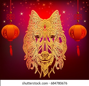 2018 Chinese New Year of yellow dog with golden head collie and lantern.