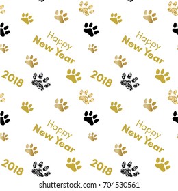 2018 chinese new year of yellow dog seamless pattern with golden vector paw track, glitter, foil texture, template for calendar, poster, banner, greeting card