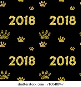 2018 chinese new year of yellow dog seamless pattern with golden vector paw track, glitter, foil texture, template for calendar, poster, banner, greeting card