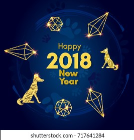 2018 chinese new year of yellow dog concept with golden vector paw track, glitter, foil texture, animal silhouette, blue background with lights, template for calendar, poster, banner, greeting card