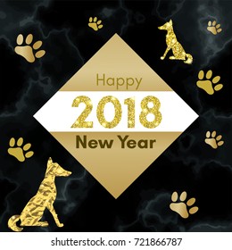 2018 chinese new year of yellow dog concept with golden vector paw track, glitter, foil texture, animal silhouette, template for calendar, poster, banner, greeting card