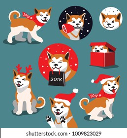 2018 Chinese year of Yellow Dog. Set of Shiba-inu dogs in Christmas hats. 2018 Happy New Year greeting card. 