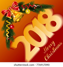 2018. Christmas background with bell on fir tree branches and decoration. Vector illustration.
