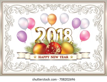 2018 Christmas card with ball and ribbon in the frame with an ornament on the background of balloons. Vector illustration