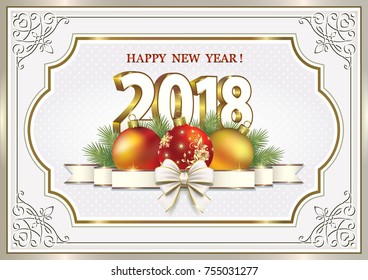 2018 Christmas card with balls and ribbon with bow in frame with ornament. Vector illustration