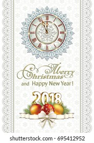 2018 Christmas card with clock and balls on a background of ornaments. Vector illustration