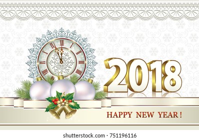 2018 Christmas card with clock and balls with bells on the background of ornaments. Vector illustration