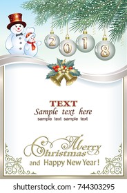 2018 Christmas card with a snowman and balls on the background of fir branches in a frame with an ornament. Vector illustration