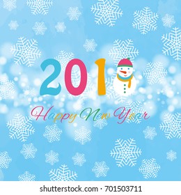 2018 Christmas card with a snowman on the background of nature and fir branches