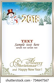 2018 Christmas card with a snowman on the background of nature and fir branches in a frame with an ornament. Vector illustration