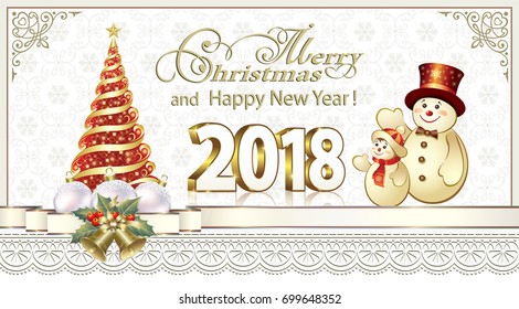 2018 Christmas card with a Christmas tree, ball and snowman on the background of the ornament. Vector illustration