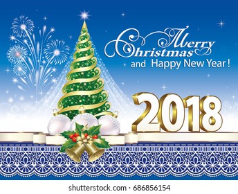 2018 Christmas card with a Christmas tree and balls on the background of fireworks and ornaments. Vector illustration 