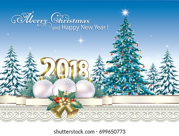 2018 Christmas card with a Christmas tree, balls and bells on a background of nature and ornament. Vector illustration