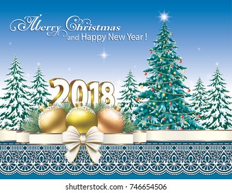 2018 Christmas card with a Christmas tree, balls and ribbon with a bow on the background of nature and ornament. Vector illustration