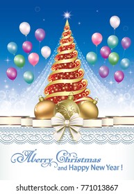 2018 Christmas card with a Christmas tree and balls on the background balloons and ornaments. Vector illustration