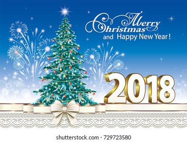 2018 Christmas card with a Christmas tree on a background of fireworks and ornaments. Vector illustration