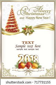 2018 Christmas card with Christmas tree and ribbon with bells in the frame with an ornament. Vector illustration