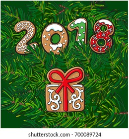 2018 Christmas, New Year greeting card design with gingerbread present gift cookie on fir tree branches background.