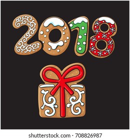 2018 Christmas, New Year greeting card design with present, gift gingerbread cookie, sketch vector illustration on black background. 2018 New Year greeting card, banner with gingerbread present cookie