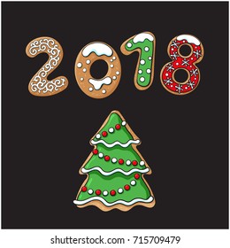 2018 Christmas, New Year greeting card design with Xmas tree gingerbread cookie, sketch vector illustration on black background. 2018 New Year greeting card with gingerbread Christmas tree cookie