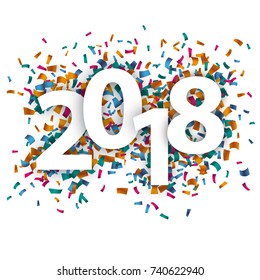 2018 with colored confetti on the white background. Eps 10 vector file.
