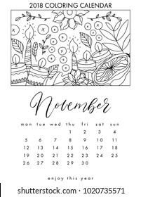 2018 coloring calendar. Adult coloring book. Vector illustration. Planning and organization. 