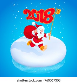 2018 is coming! Vector Santa Claus is running over 3d realistic piece of snow drift. Cartoon New Year's character with a red bag of gifts and flag decorated with a gold bells. Isometric icon on a blue