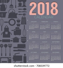 2018 Cooking Objects Flat Design Graphic Printable Calendar Starts Sunday Vector Illustration