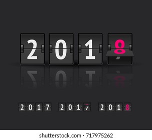 2018 countdown timer vector illustration isolated on dark background. Analog scoreboard flip calendar from 2017 to 2018