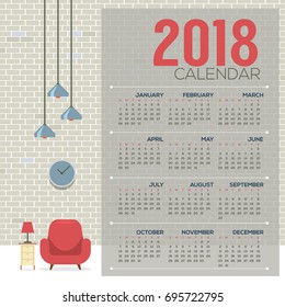 2018 Cozy Living Room Flat Design Printable Calendar Starts Sunday Vector Illustration