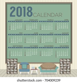 2018 Cozy Living Room Flat Design Printable Calendar Starts Sunday Vector Illustration