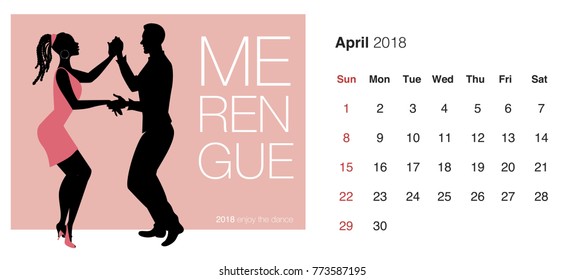2018 Dance Calendar. April. Merengue. Young couple dancing latin music