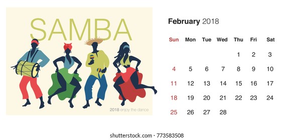 2018 Dance Calendar. February. Samba. Group of four dancing brazilian rythms