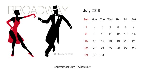 2018 Dance Calendar. July. Elegant couple dancing Broadway style