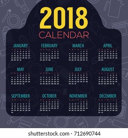 2018 Dark Blue Cooking Stuff Lined Icon Pattern Printable Calendar Starts Sunday Vector Illustration