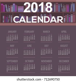 2018 Dark Purple Book Shelves Library Concept Printable Calendar Starts Sunday Vector Illustration