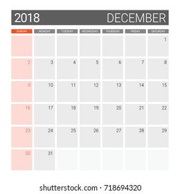 2018 December calendar or desk planner, weeks start on Sunday - gray theme, square proportion