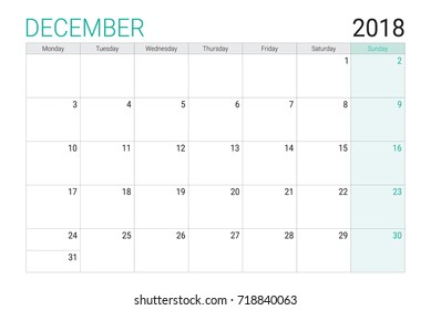 2018 December calendar or desk planner, weeks start on Monday - plain white and light green theme