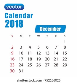 2018 december month calendar