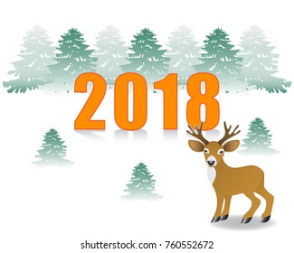 2018. Deer in the winter forest. New Year's background. Winter landscape, trees spruce in the snow a young deer is standing. Isolated
