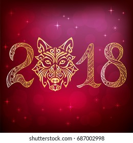 2018 with dog head stylized Maori face tattoo. Symbol of chinese 2018 New Year. Isolated on red background. Vector.