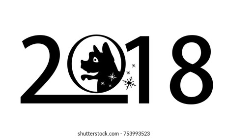 2018 dog illustration with funny cartoon dog. Black and white.