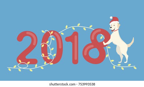 2018 dog illustration with funny cartoon dog in santa hat.